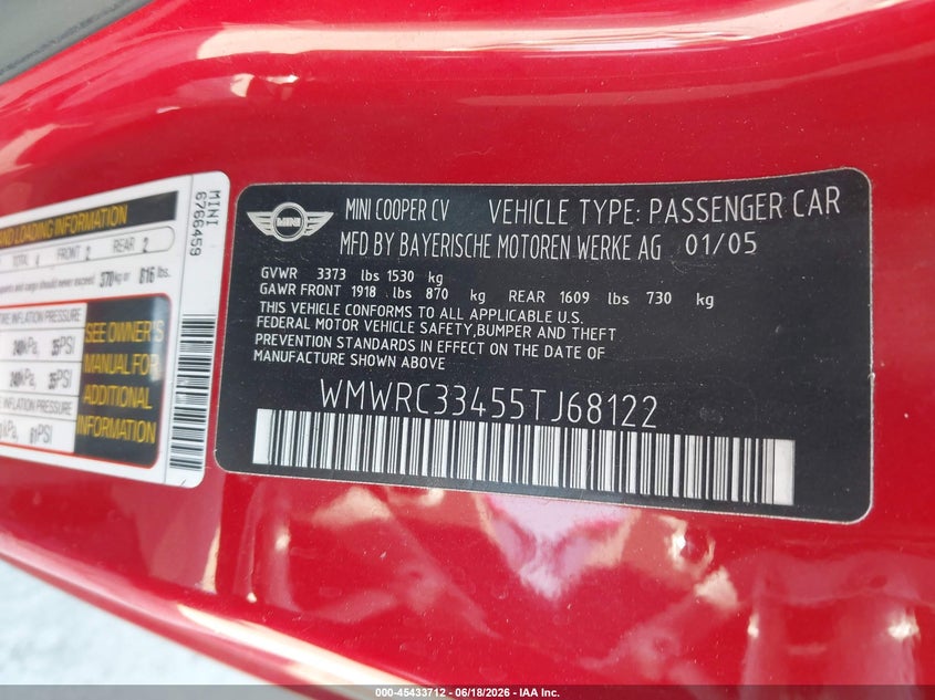2005 Mini Cooper VIN WMWRC33455TJ68122 IAAI salvage auction — NORMAL WEAR, Clear - Dealer Only (California), sold $200 on 2026-08-03 (photo 9)