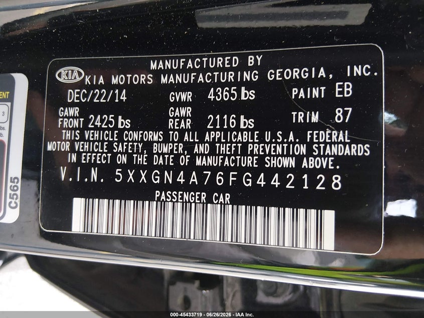 2015 Kia Optima VIN 5XXGN4A76FG442128 IAAI salvage auction — FRONT & REAR, Nrc Lienholder Repossession Paperwork (Georgia), sold $25 on 2026-07-15 (photo 9)