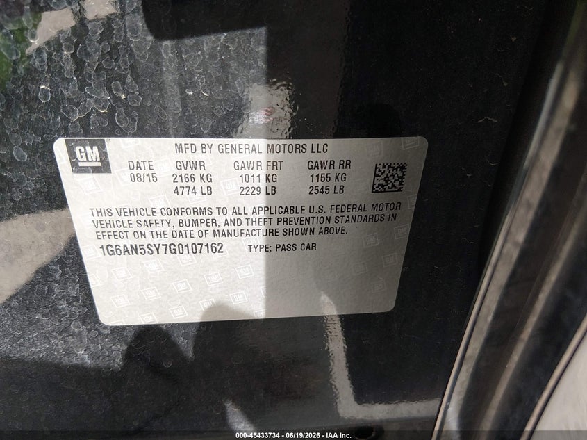 2016 Cadillac Ats-v VIN 1G6AN5SY7G0107162 IAAI salvage auction — LEFT FRONT, Salvage Title, sold $7,700 on 2026-07-28 (photo 9)