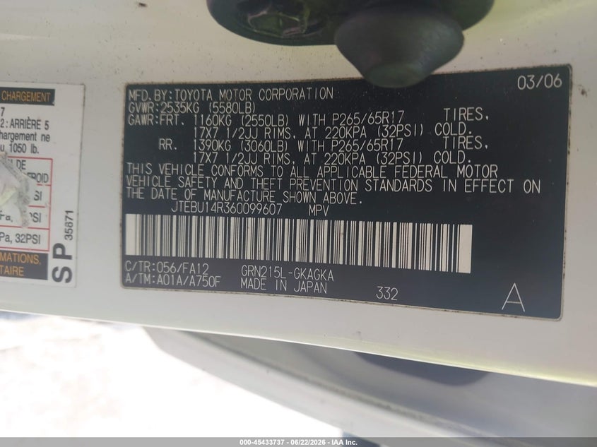 2006 Toyota 4runner VIN JTEBU14R360099607 IAAI salvage auction — SIDE, Salvage (North Carolina), sold $3,450 on 2026-07-16 (photo 9)