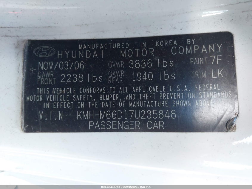 2007 Hyundai Tiburon VIN KMHHM66D17U235848 IAAI salvage auction — NORMAL WEAR, Clear (Pennsylvania), sold $375 on 2026-07-21 (photo 9)