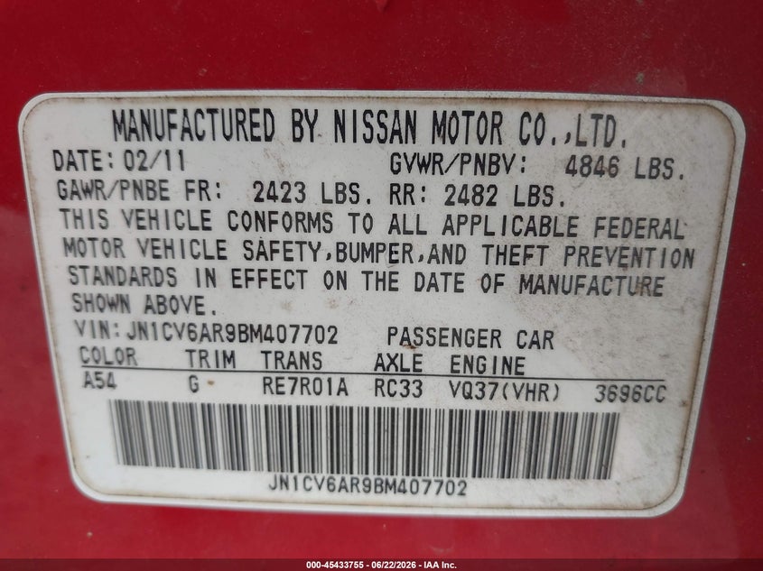2011 Infiniti G37 VIN JN1CV6AR9BM407702 IAAI salvage auction — FRONT END, Nrc Lienholder Repossession Paperwork (Alabama), sold $525 on 2026-07-06 (photo 9)
