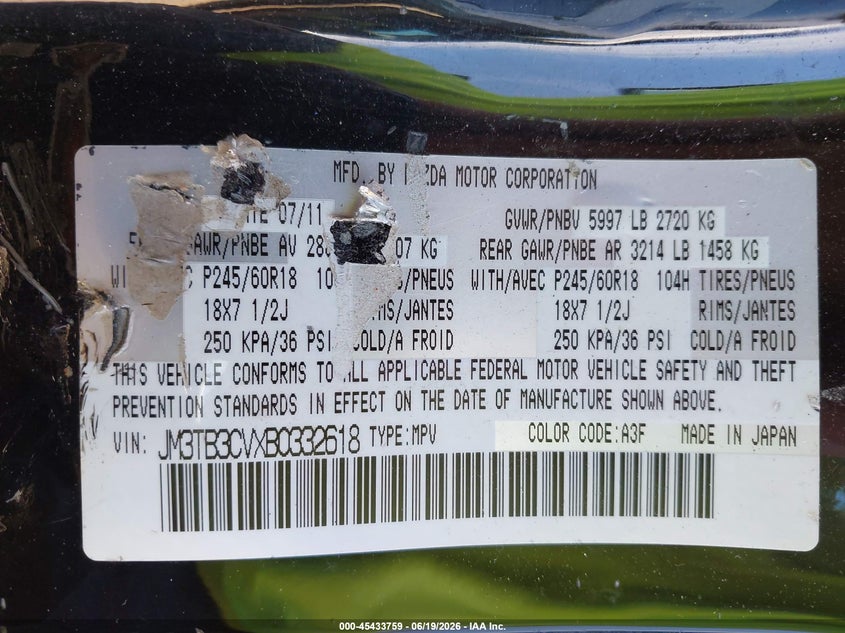 2011 Mazda Cx-9 VIN JM3TB3CVXB0332618 IAAI salvage auction — NORMAL WEAR, Original (Maine), sold $325 on 2026-07-20 (photo 9)