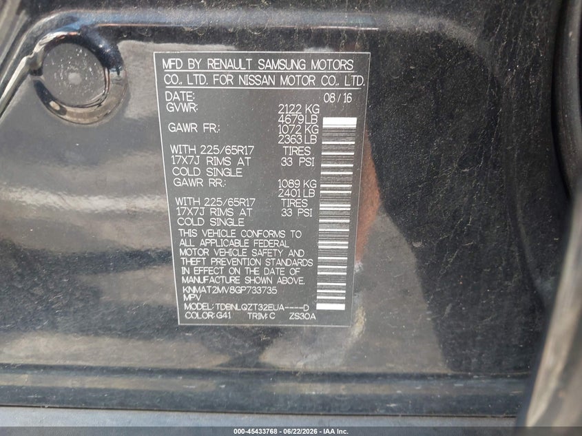 2016 Nissan Rogue VIN KNMAT2MV8GP733735 IAAI salvage auction — RIGHT FRONT, Salvage (North Carolina), sold $750 on 2026-07-23 (photo 9)