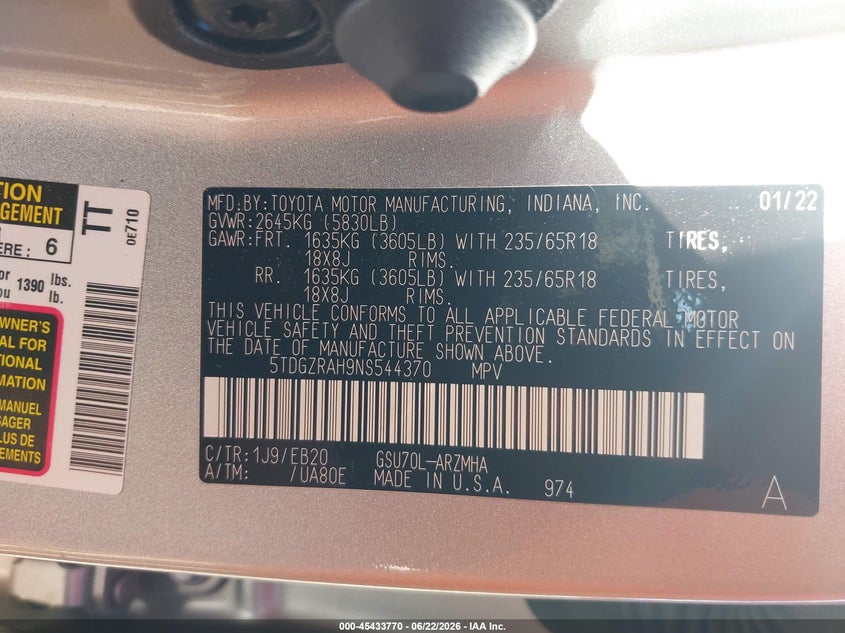 2022 Toyota Highlander VIN 5TDGZRAH9NS544370 IAAI salvage auction — FRONT END, Salvage Title, sold $14,500 on 2026-07-22 (photo 9)