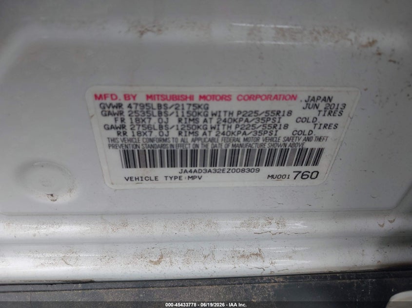 2014 Mitsubishi Outlander VIN JA4AD3A32EZ008309 IAAI salvage auction — FRONT END, Clear (Virginia), sold $550 on 2026-07-21 (photo 9)