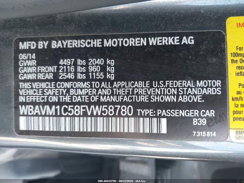 2015 BMW X1 VIN WBAVM1C58FVW58780 IAAI salvage auction — REPOSSESSION, Nrc Lienholder Repossession Paperwork (Georgia), sold $25 on 2026-07-31 (photo 9)