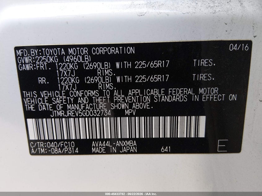2016 Toyota VIN JTMRJREV5GD032734 IAAI salvage auction — RIGHT FRONT, Salvage (California), sold $4,225 on 2026-07-29 (photo 9)