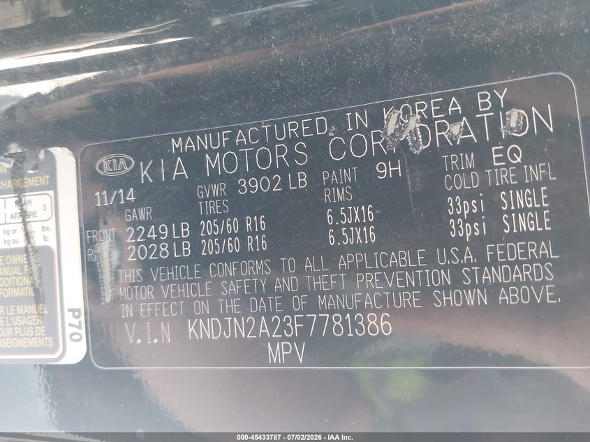 2015 Kia Soul VIN KNDJN2A23F7781386 IAAI salvage auction — REPOSSESSION, Nrc Lienholder Repossession Paperwork (Utah), sold $550 on 2026-07-16 (photo 9)