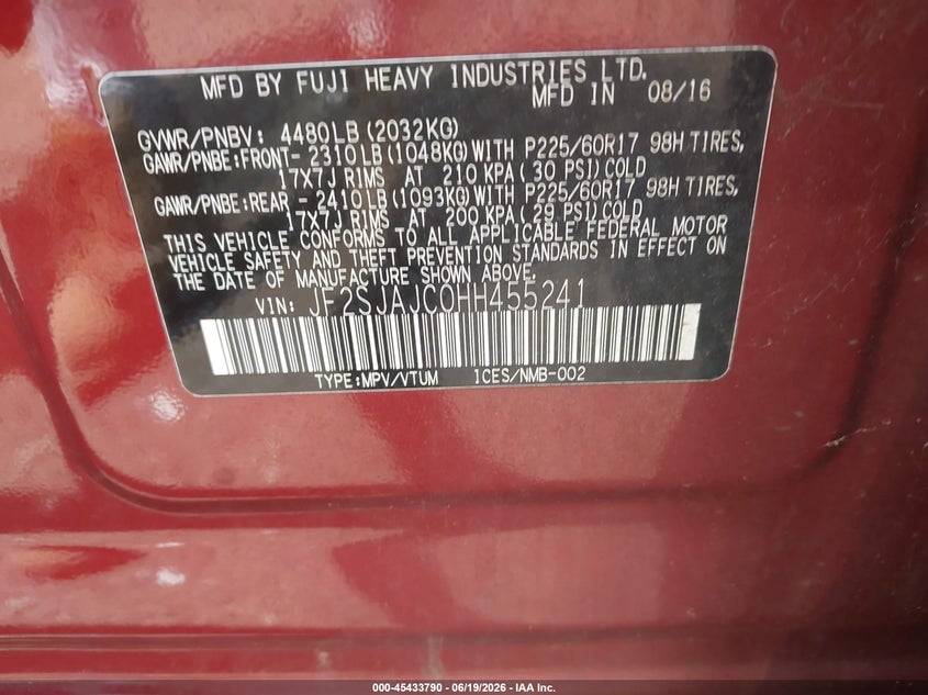 2017 Subaru Forester VIN JF2SJAJC0HH455241 IAAI salvage auction — REAR END, Salvage Title, sold $1,800 on 2026-07-28 (photo 9)