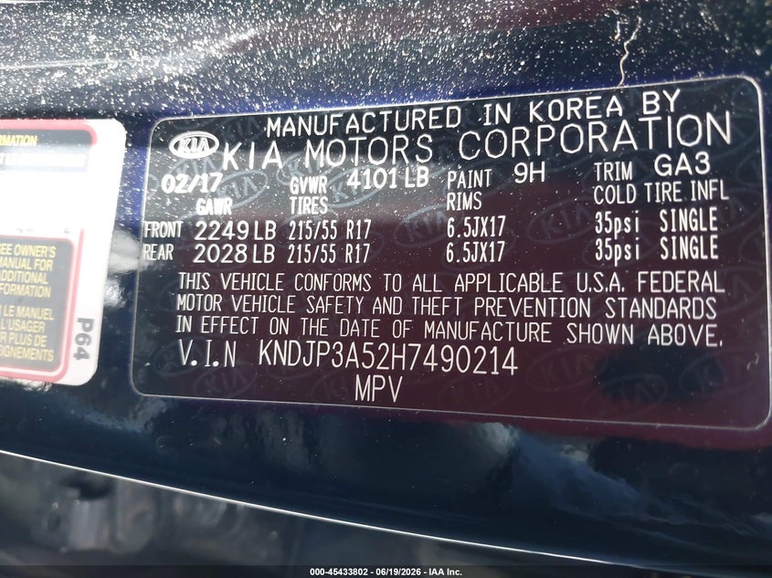 2017 Kia Soul VIN KNDJP3A52H7490214 IAAI salvage auction — FRONT END, Rebuildable (Florida), sold $1,300 on 2026-07-23 (photo 9)