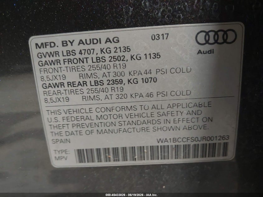2018 Audi Q3 VIN WA1BCCFS0JR001263 IAAI salvage auction — NORMAL WEAR, Clear (North Carolina), sold $3,350 on 2026-07-09 (photo 9)