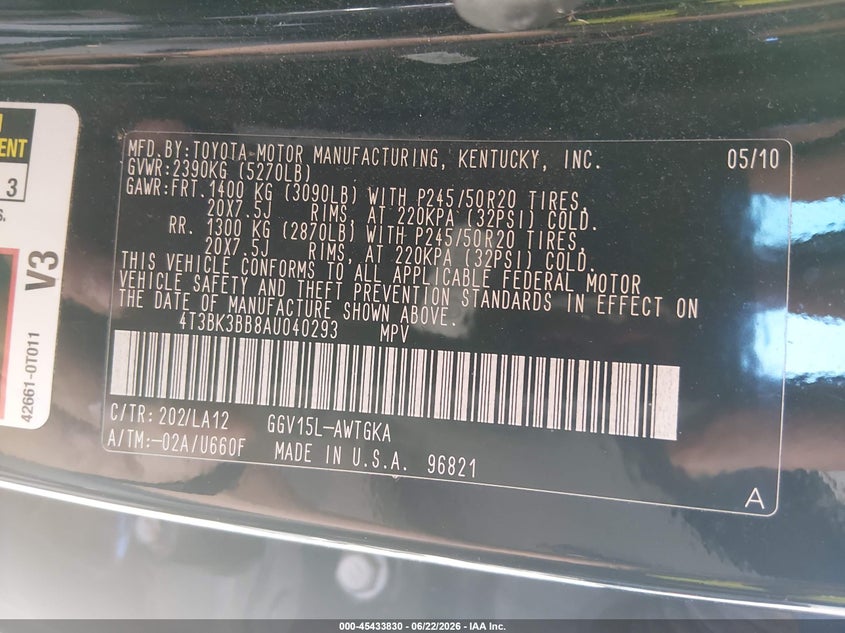 2010 Toyota Venza VIN 4T3BK3BB8AU040293 IAAI salvage auction — LEFT REAR, Bill Of Sale (Washington), sold $2,150 on 2026-07-18 (photo 9)