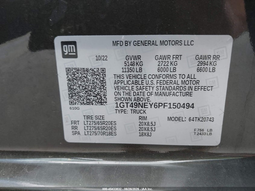 2023 Gmc SIERRA VIN 1GT49NEY6PF150494 IAAI salvage auction — FRONT END, Salvage Title, sold $25,100 on 2026-09-11 (photo 8)