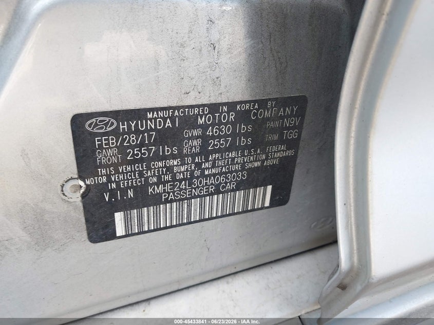 2017 Hyundai Sonata VIN KMHE24L30HA063033 IAAI salvage auction — NORMAL WEAR, Original (Texas), sold $800 on 2026-07-07 (photo 9)