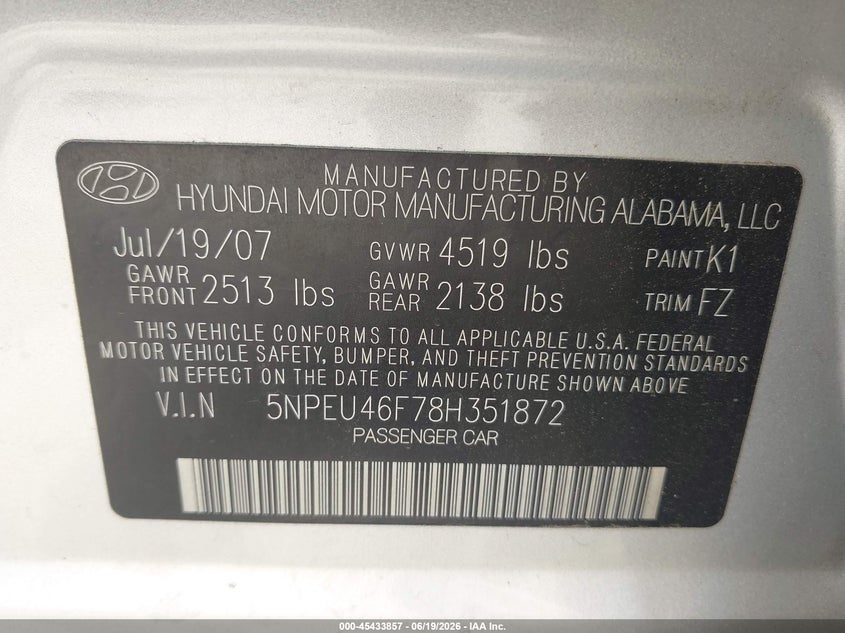 2008 Hyundai Sonata VIN 5NPEU46F78H351872 IAAI salvage auction — REAR END, Salvage - Greater Than 75% (Maryland), sold $125 on 2026-07-28 (photo 9)