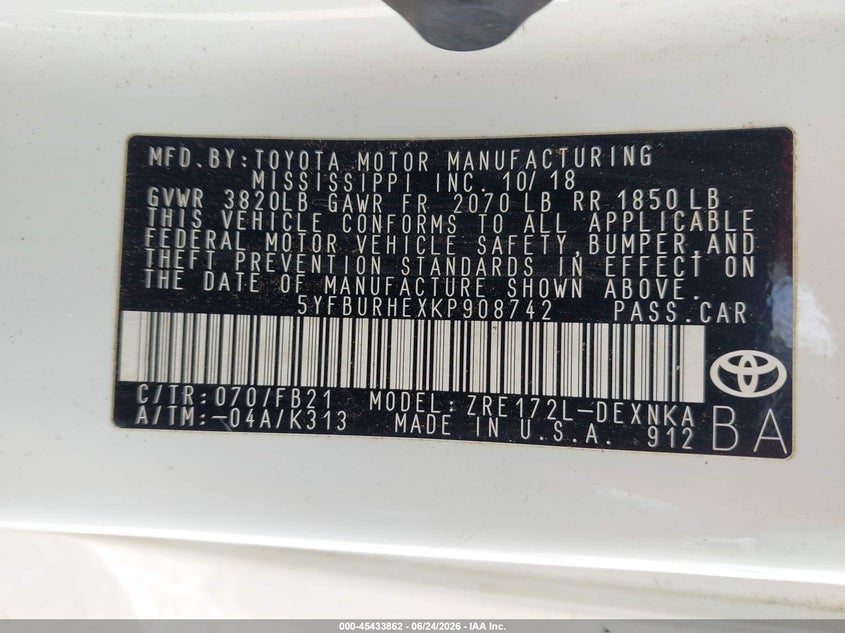 2019 Toyota Corolla VIN 5YFBURHEXKP908742 IAAI salvage auction — FRONT END, Salvage Title, sold $975 on 2026-08-02 (photo 9)