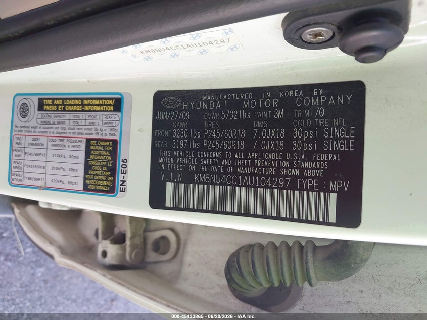 2010 Hyundai Veracruz VIN KM8NU4CC1AU104297 IAAI salvage auction — FRONT END, Salvage (Missouri), sold $1,200 on 2026-08-02 (photo 9)