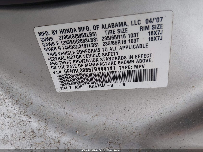 2007 Honda Odyssey VIN 5FNRL38657B444141 IAAI salvage auction — NORMAL WEAR, Clear (Missouri), sold $525 on 2026-07-09 (photo 9)