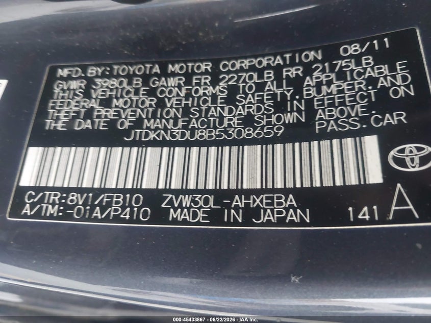 2011 Toyota Prius VIN JTDKN3DU8B5308659 IAAI salvage auction — RIGHT FRONT, Salvage (California), sold $875 on 2026-07-13 (photo 9)