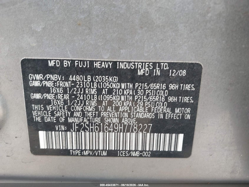 2009 Subaru Forester VIN JF2SH61649H778227 IAAI salvage auction — NORMAL WEAR, Clear - Dealer Only (California), sold $525 on 2026-07-22 (photo 9)
