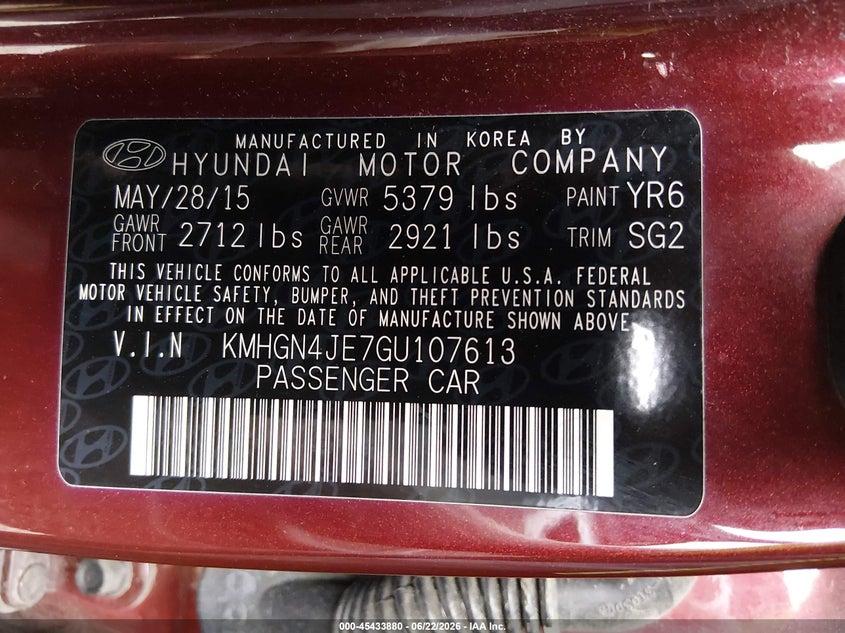 2016 Hyundai Genesis VIN KMHGN4JE7GU107613 IAAI salvage auction — FRONT END, Salvage Title, sold $2,550 on 2026-07-29 (photo 9)