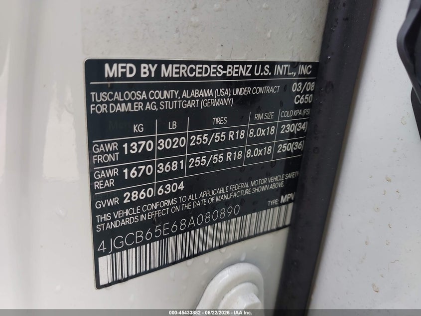 2008 Mercedes-benz R-class VIN 4JGCB65E68A080890 IAAI salvage auction — FRONT END, Salvage (Alabama), sold $325 on 2026-07-08 (photo 9)