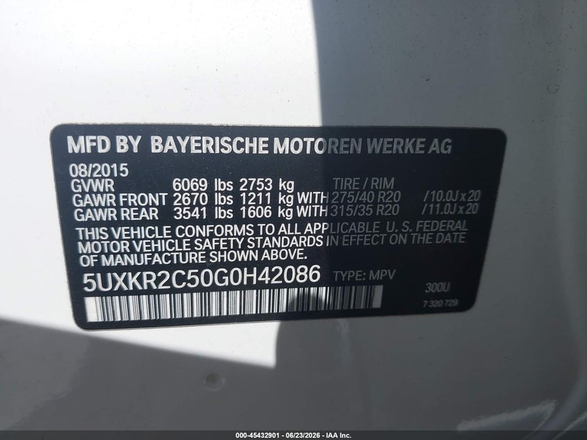 2016 BMW X5 VIN 5UXKR2C50G0H42086 IAAI salvage auction — FRONT END, Rebuildable (Florida), sold $8,150 on 2026-07-06 (photo 9)