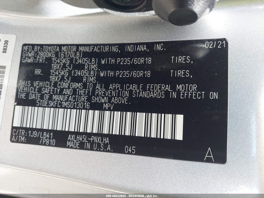 2021 Toyota Sienna VIN 5TDESKFC1MS013016 IAAI salvage auction — REAR END, Salvage Title, sold $14,500 on 2026-07-28 (photo 9)