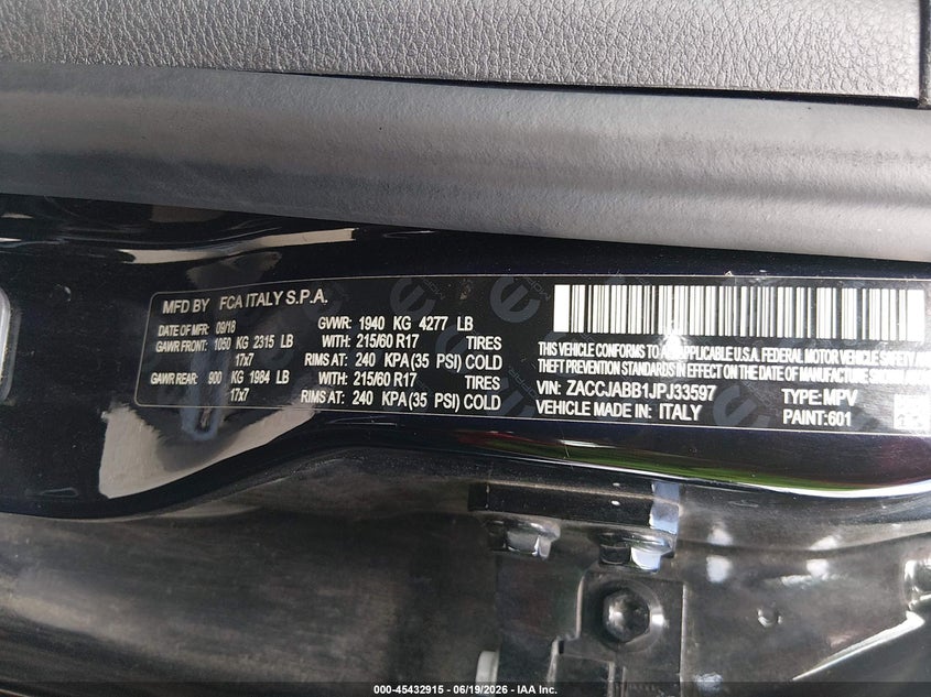2018 Jeep Renegade VIN ZACCJABB1JPJ33597 IAAI salvage auction — LEFT FRONT, Salvage (North Carolina), sold $425 on 2026-08-05 (photo 9)