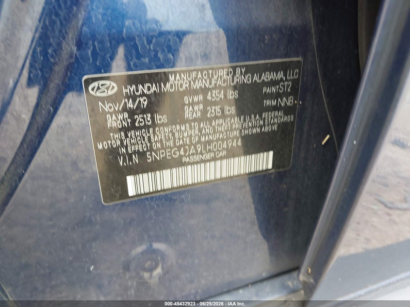 2020 Hyundai Sonata VIN 5NPEG4JA9LH004944 IAAI salvage auction — FRESH WATER, Salvage (Texas), sold $4,900 on 2026-07-29 (photo 8)