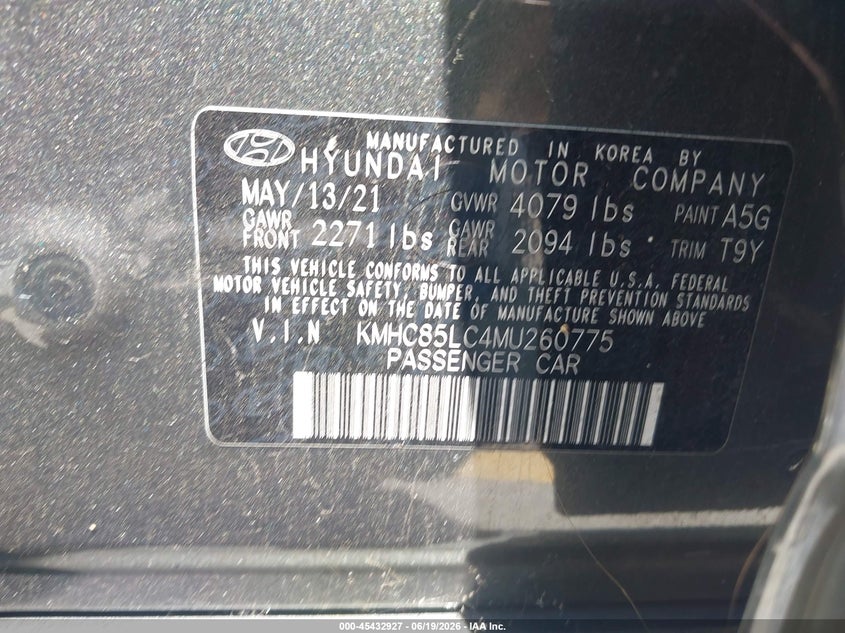 2021 Hyundai Ioniq VIN KMHC85LC4MU260775 IAAI salvage auction — RIGHT REAR, Salvage (California), sold $4,000 on 2026-07-27 (photo 9)