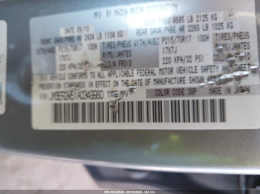 2010 Mazda Cx-7 VIN JM3ER2W51A0349980 IAAI salvage auction — UNKNOWN, Clear (Arizona), sold $675 on 2026-07-07 (photo 9)