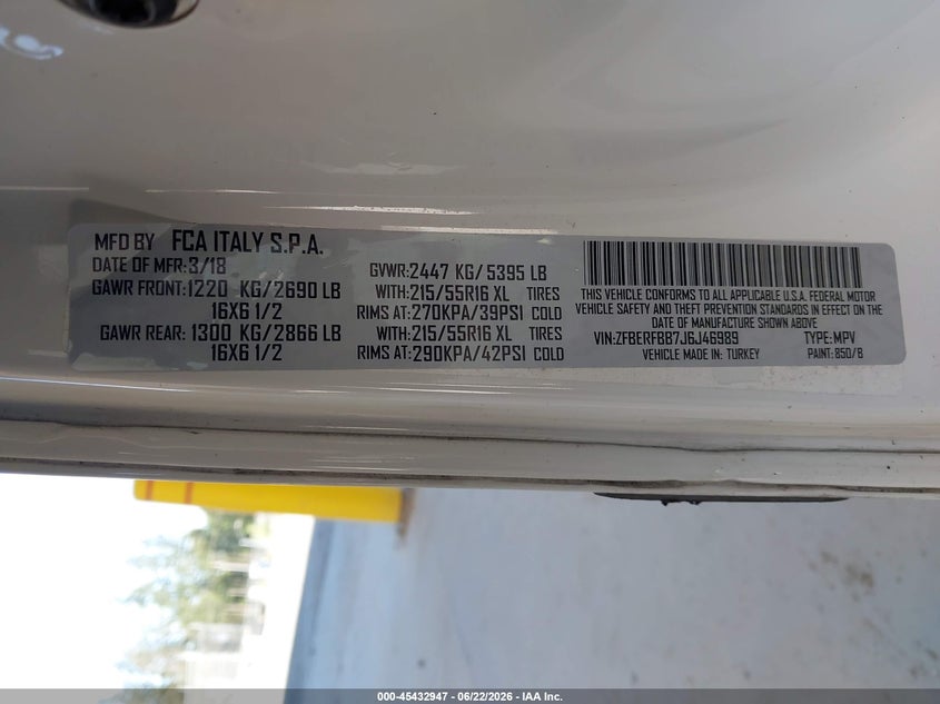 2018 Ram Promaster city VIN ZFBERFBB7J6J46989 IAAI salvage auction — FRONT END, Bill Of Sale (Washington), sold $1,750 on 2026-07-22 (photo 9)