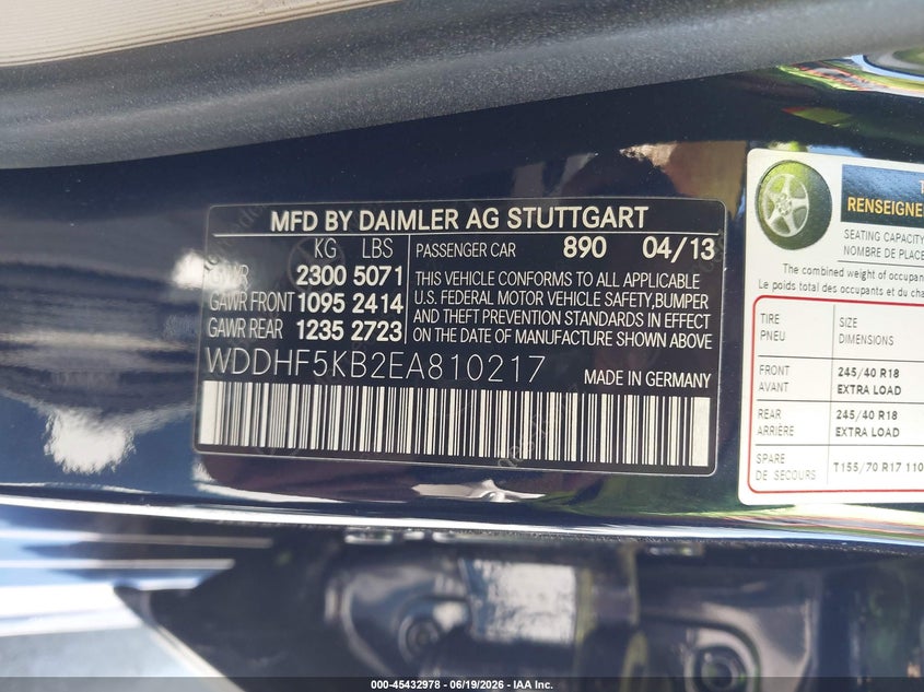 2014 Mercedes-benz E-klasse VIN WDDHF5KB2EA810217 IAAI salvage auction — FRONT END, Salvage Title, sold $4,250 on 2026-07-29 (photo 9)