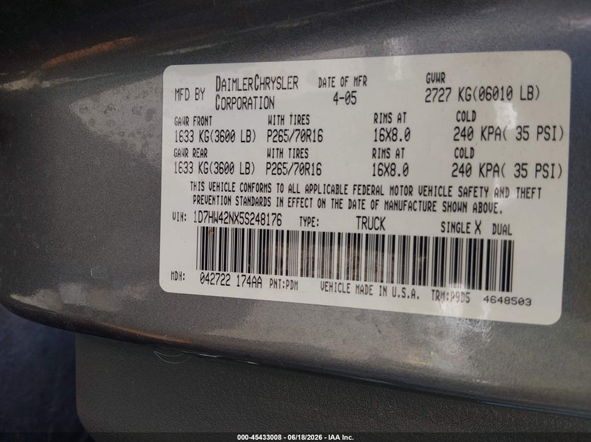 2005 Dodge Dakota VIN 1D7HW42NX5S248176 IAAI salvage auction — REAR END, Salvage (Utah), sold $600 on 2026-07-09 (photo 9)