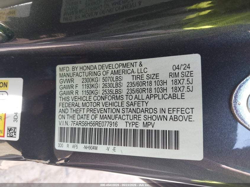 2024 Honda Cr-v VIN 7FARS6H56RE077916 IAAI salvage auction — SIDE, Salvage Title, sold $13,500 on 2026-08-02 (photo 9)