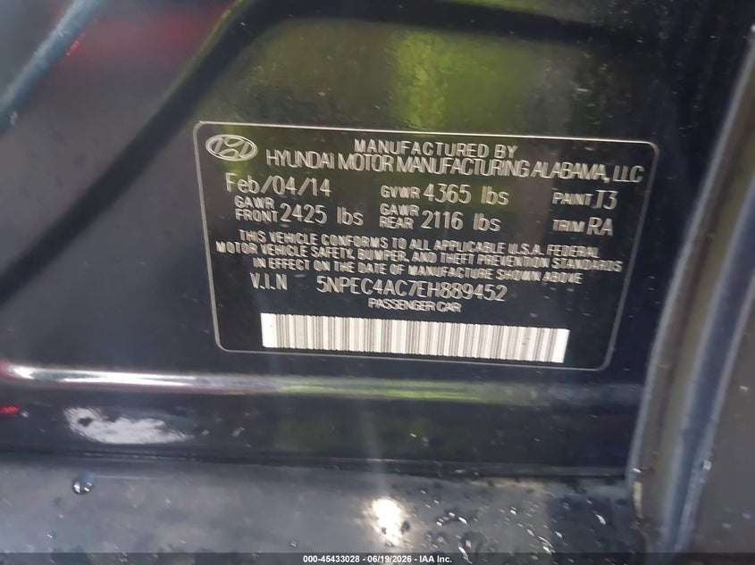 2014 Hyundai Sonata VIN 5NPEC4AC7EH889452 IAAI salvage auction — FRONT END, Rebuildable (Florida), sold $525 on 2026-07-14 (photo 9)