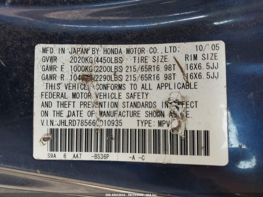 2006 Honda Cr-v VIN JHLRD78566C010935 IAAI salvage auction — NORMAL WEAR, Original (Ohio), sold $250 on 2026-07-27 (photo 9)