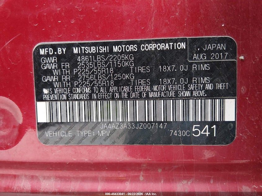 2018 Mitsubishi Outlander VIN JA4AZ3A33JZ007147 IAAI salvage auction — LEFT FRONT, Salvage (Kansas), sold $2,625 on 2026-07-31 (photo 9)