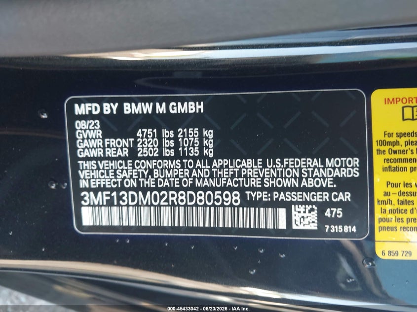 2024 BMW M2 VIN 3MF13DM02R8D80598 IAAI salvage auction — RIGHT SIDE, Salvage Title, sold $29,600 on 2026-07-30 (photo 9)