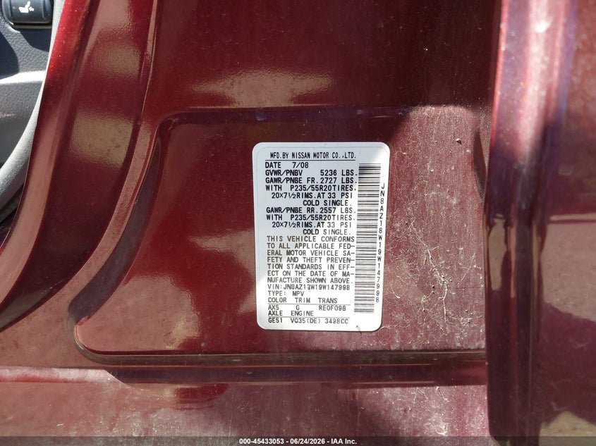 2009 Nissan Murano VIN JN8AZ18W19W147998 IAAI salvage auction — RIGHT SIDE, Salvage (Ohio), sold $350 on 2026-07-13 (photo 9)