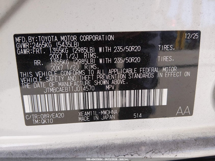 2026 Toyota Bz4x VIN JTMBCAEB1TJ014570 IAAI salvage auction — ROLLOVER, Bill Of Sale (Washington), sold $1,300 on 2026-07-22 (photo 9)