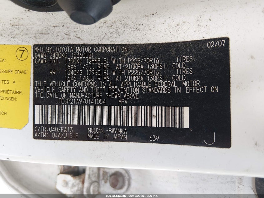 2007 Toyota Highlander VIN JTEGP21A970141054 IAAI salvage auction — NORMAL WEAR, Original (Ohio), sold $1,150 on 2026-07-29 (photo 9)
