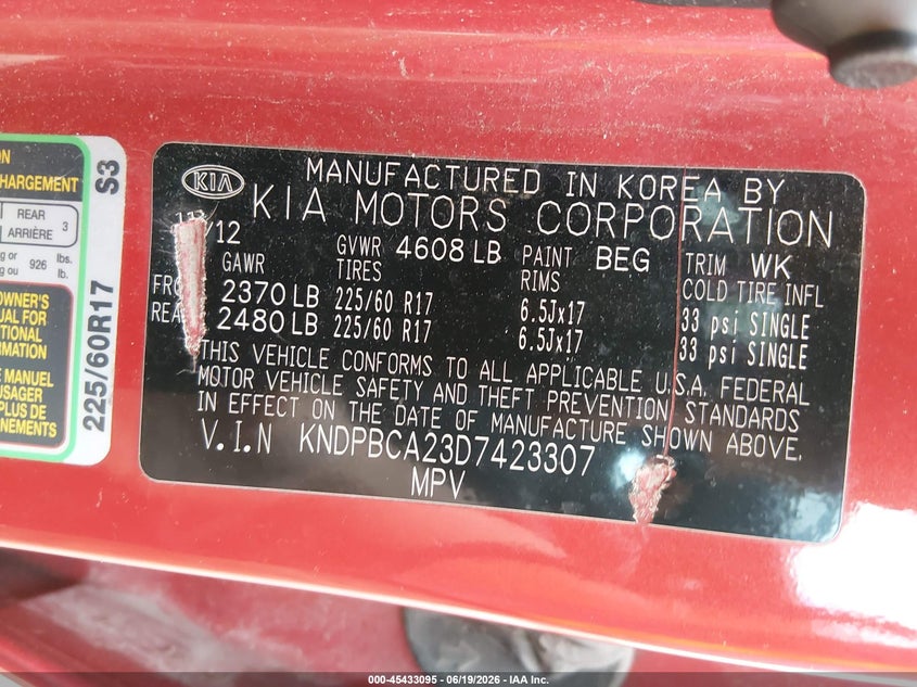 2013 Kia Sportage VIN KNDPBCA23D7423307 IAAI salvage auction — UNKNOWN, Salvage (Vermont), sold $1,250 on 2026-08-01 (photo 9)