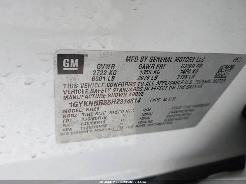 2017 Cadillac Xt5 VIN 1GYKNBRS6HZ314814 IAAI salvage auction — FRONT END, Salvage Title, sold $2,850 on 2026-07-12 (photo 9)