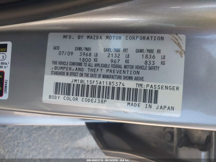 2010 Mazda 3 VIN JM1BL1SF5A1185374 IAAI salvage auction — NORMAL WEAR, Clear - Dealer Only (California), sold $300 on 2026-07-21 (photo 9)