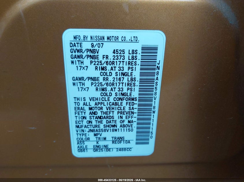 2008 Nissan Rogue VIN JN8AS58V18W111150 IAAI salvage auction — RIGHT FRONT, Salvage (California), sold $725 on 2026-07-29 (photo 9)