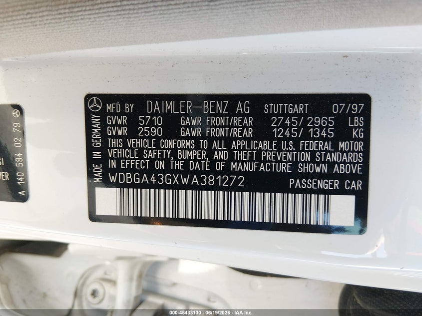 1998 Mercedes-benz S class VIN WDBGA43GXWA381272 IAAI salvage auction — NORMAL WEAR, Clear (Nevada), sold $1,050 on 2026-07-24 (photo 9)