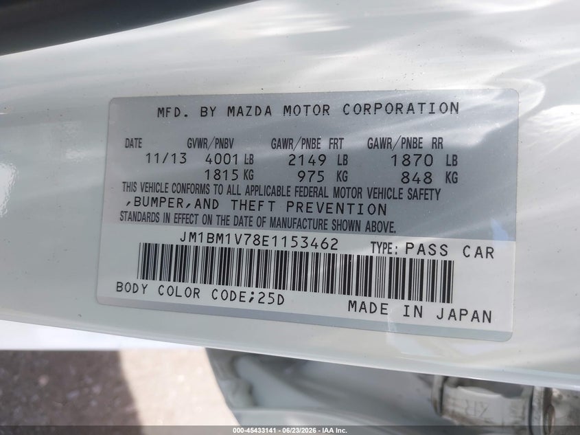2014 Mazda 3 VIN JM1BM1V78E1153462 IAAI salvage auction — RIGHT FRONT, Salvage Title, sold $1,500 on 2026-07-31 (photo 9)